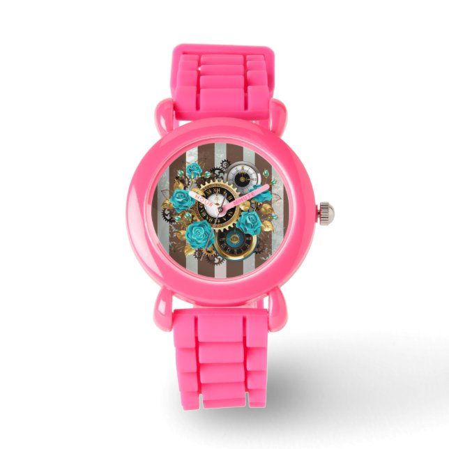 Montre Steampunk Clock and Turquoise Roses on Striped (Recto)