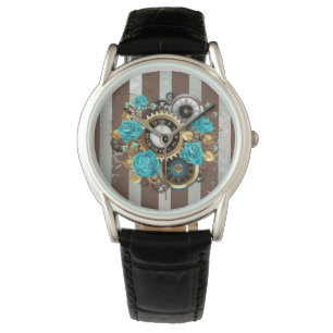 Montre Steampunk Clock and Turquoise Roses on Striped