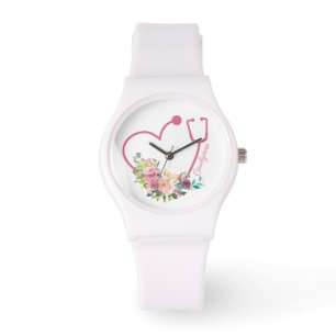 Montre Stethoscope rose Floral Coeur Infirmière Médicale 