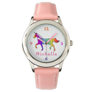 Montre Stripes colorées Unicorn avec le nom Personnalisa