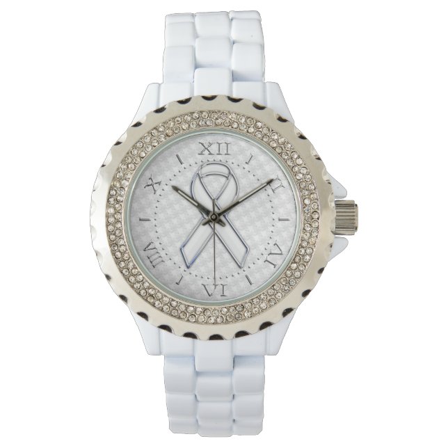 Montre Style Argent White Ribbon Sensibilisation Houndsto (devant)