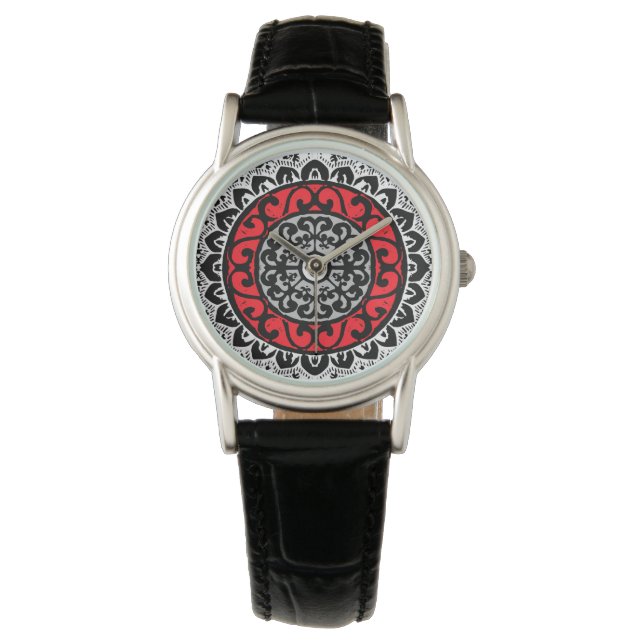 Montre Sud-Ouest Sun Mandala Batik, Rouge, Noir et Blanc (devant)