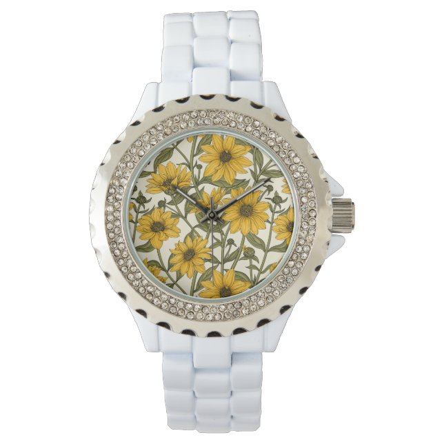 Montre Sunroot, tournesol sauvage sur blanc (devant)