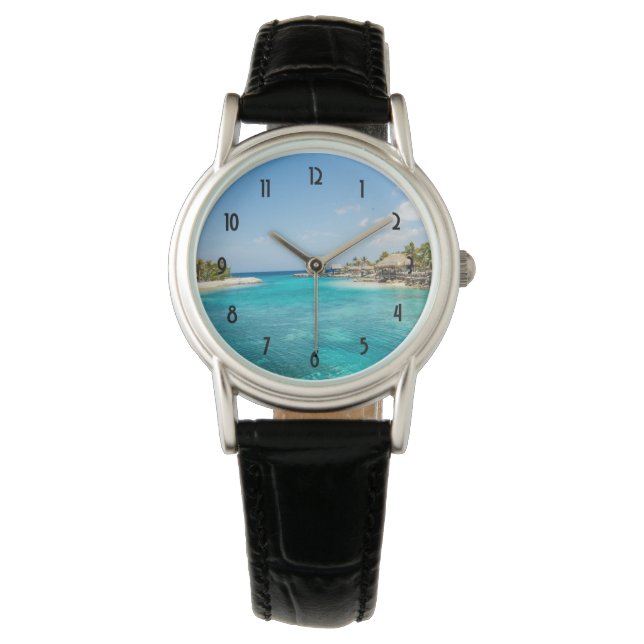 Montre Superbe plage tropicale Bleue avec des huttes de c (devant)