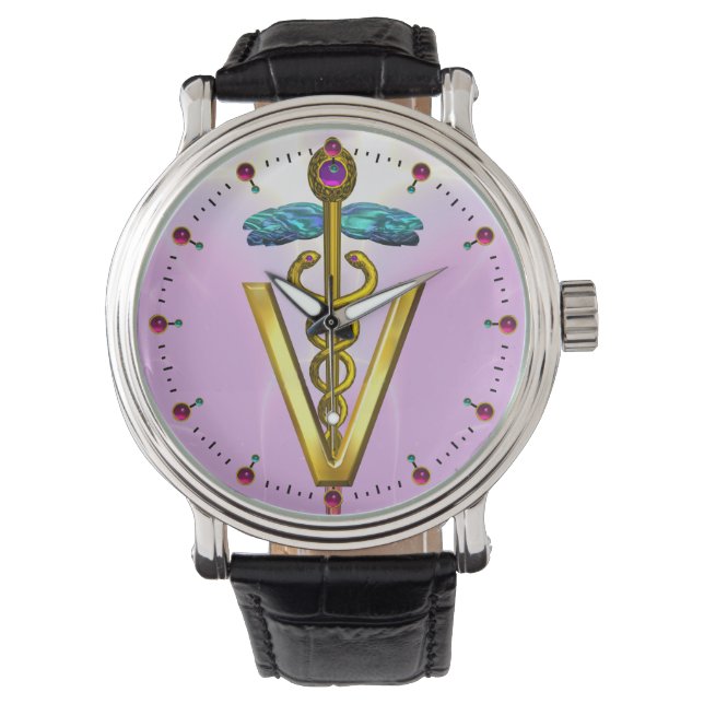 Montre SYMBOLE de CADUCÉE D'OR/rose VÉTÉRINAIRES, lilas (devant)