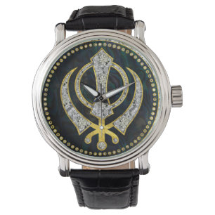 Montre Symbole Khanda décoratif avec pierres & or