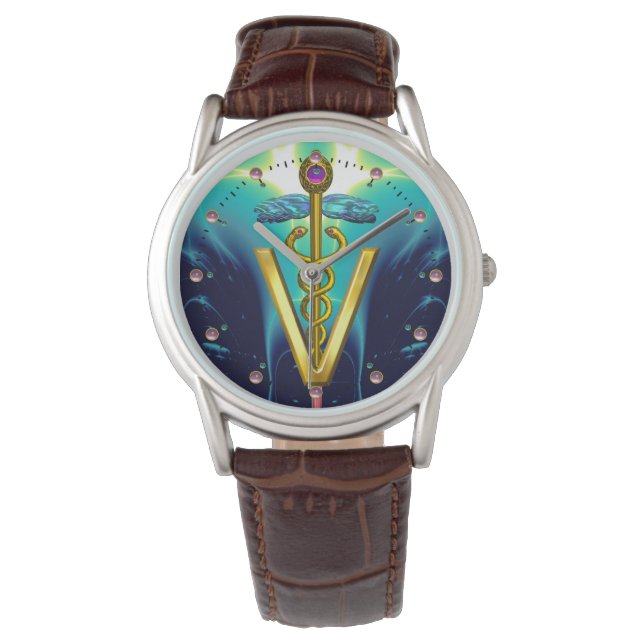 Montre SYMBOLE VÉTÉRINAIRE DE CADUCE D'OR / Bleu d'Aqua,  (devant)