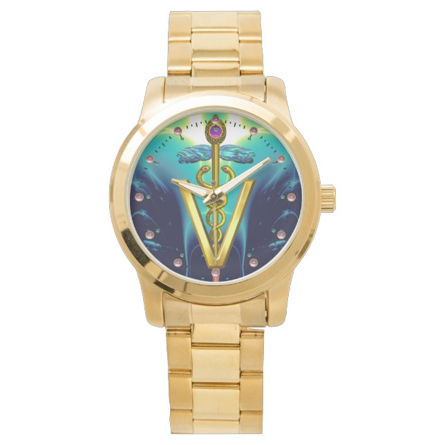 Montre SYMBOLE VÉTÉRINAIRE DE CADUCE D'OR / Bleu d'Aqua,  (devant)