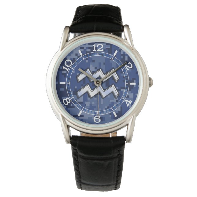 Montre Symbole Zodiaque Aquarius sur cadran numérique ble (devant)