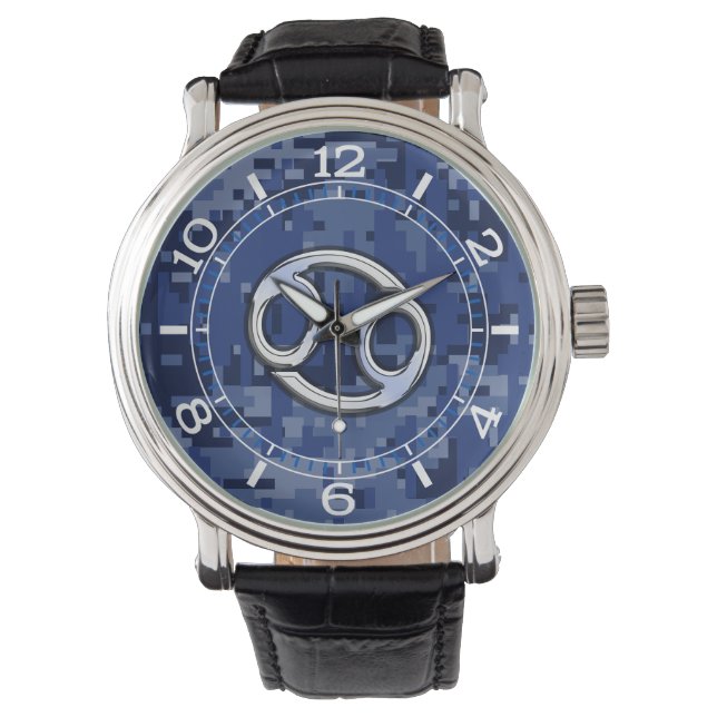 Montre Symbole Zodiaque du cancer de l'argent Marine Bleu (devant)