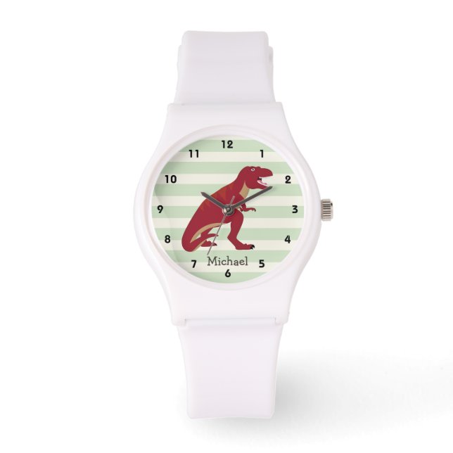 Montre T-Rex rouge sur Pastel Green Stripes (Recto)