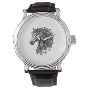 Montre T-Shirt Colore Cheval Pièce de Puzzle Gravure Vint