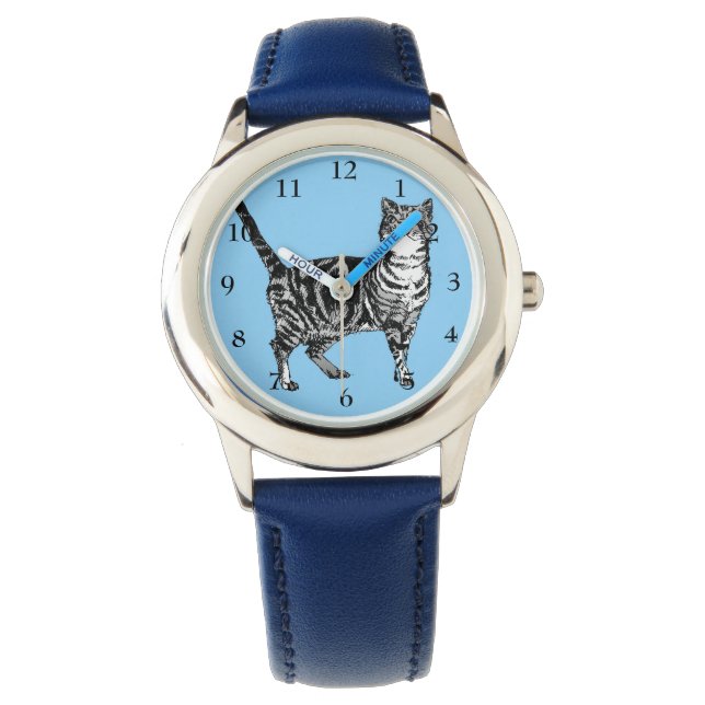 Montre Tabby Chat Noir Blanc Chats Cute Blue Girls Watch (devant)