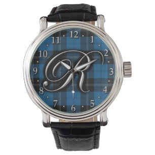 Montre Tartan de bleu de monogramme de la lettre R de