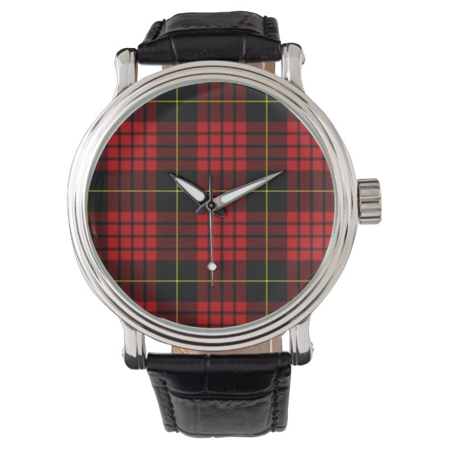 Montre Tartan rouge Vintage bracelet en cuir noir (devant)