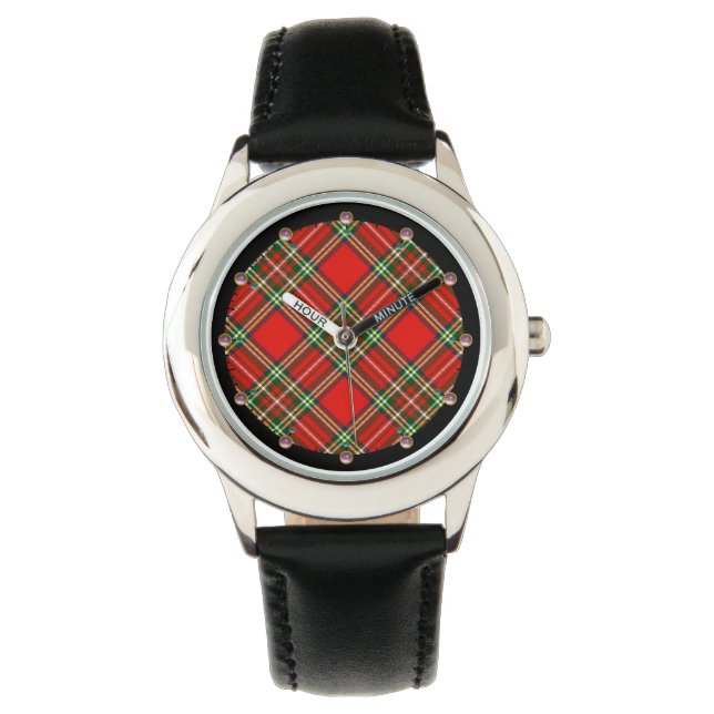 MONTRE TARTAN VERT ROUGE ÉCOSSE AVEC GEMMES ROSES (devant)