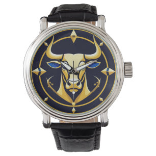 Montre Taureau doré dans un cercle du zodiaque cosmique