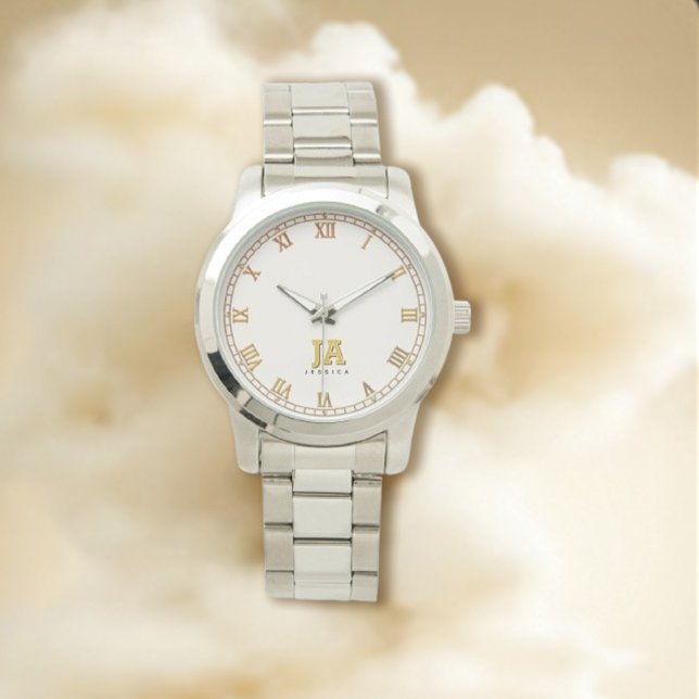 Montre Tendance Beige élégant Monogramme Or Nom (Créateur téléchargé)