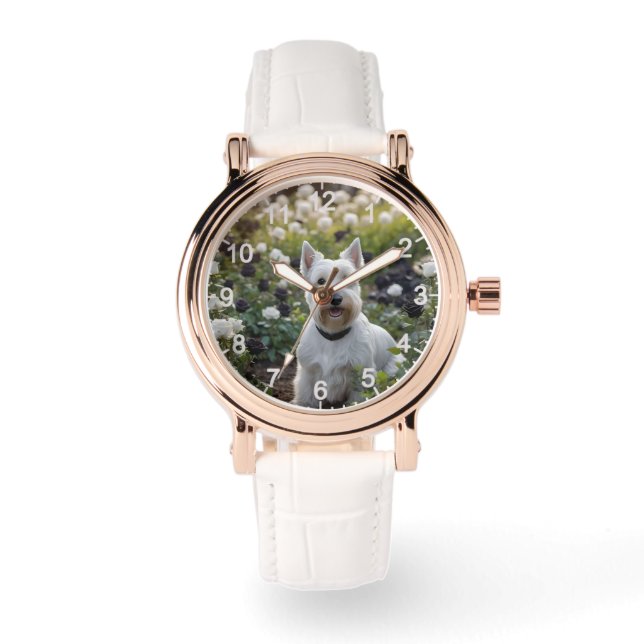 Montre Terrier écossais blanc avec Roses blancs noirs, (Recto)
