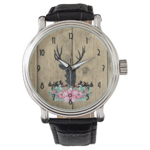Montre Tête de cerf noir avec Fleurs et Montagnes roses