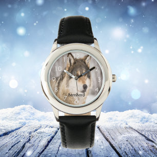 Montre tête de loup personnalisée nom de la forêt d'hiver