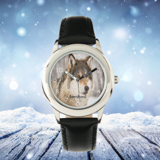 Montre tête de loup personnalisée nom de la forêt d'hiver