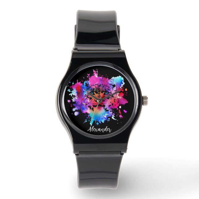 Montre Tête de tigre d'aquarelle personnalisée (Recto)