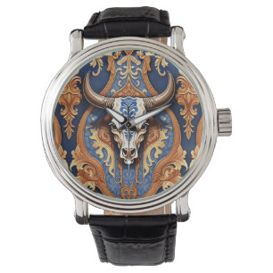 Montre Tête de vache en cuir damassé façonné western