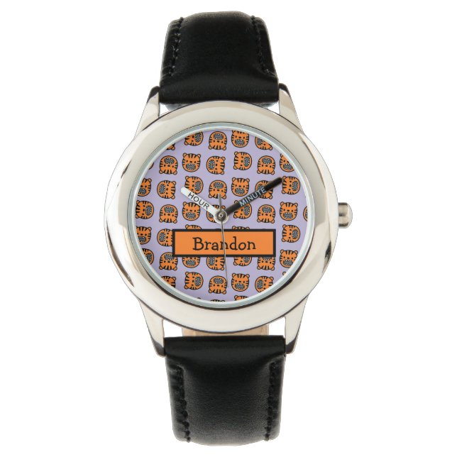 Montre Tigre brun mignon visage violet motif (devant)