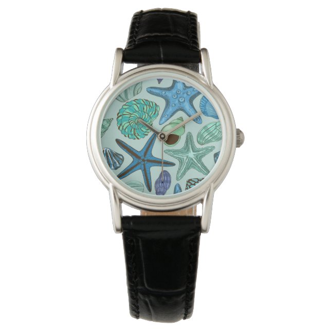 Montre Tons De Coquillages Bleus Et Motif D'Écre (devant)