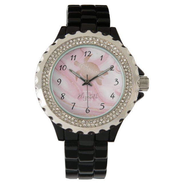 Montre  Tortue d'or rose en encre de marbre rose (devant)