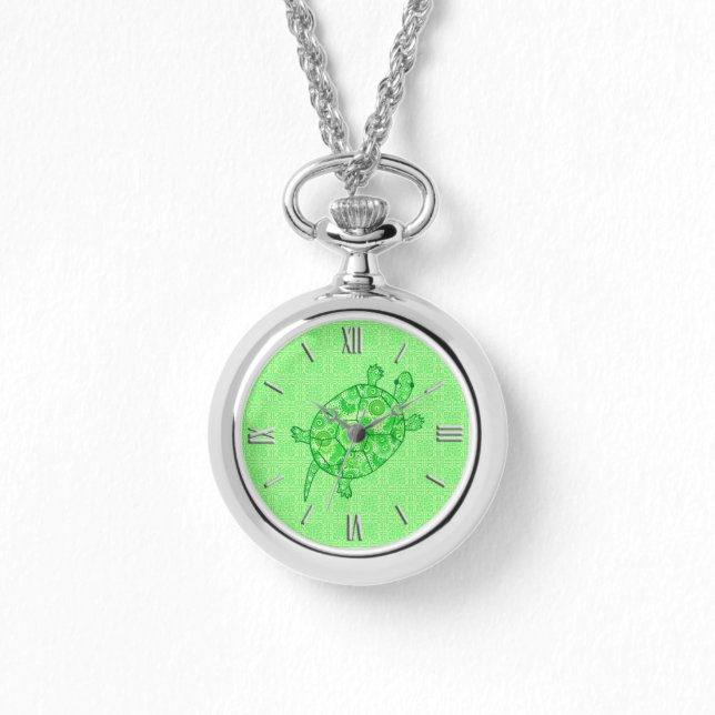 Montre Tortue tourbée fractale - chaux et vert émeraude (Recto)