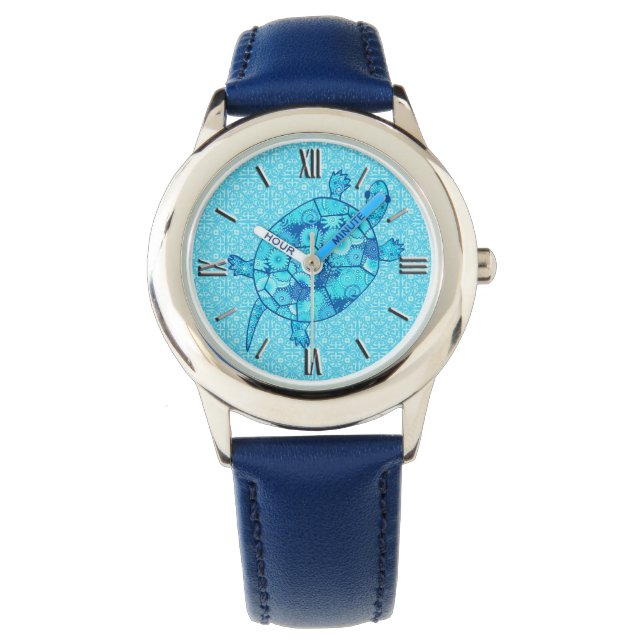Montre Tortue tourbée fractale - cobalt et bleu turquoise (devant)