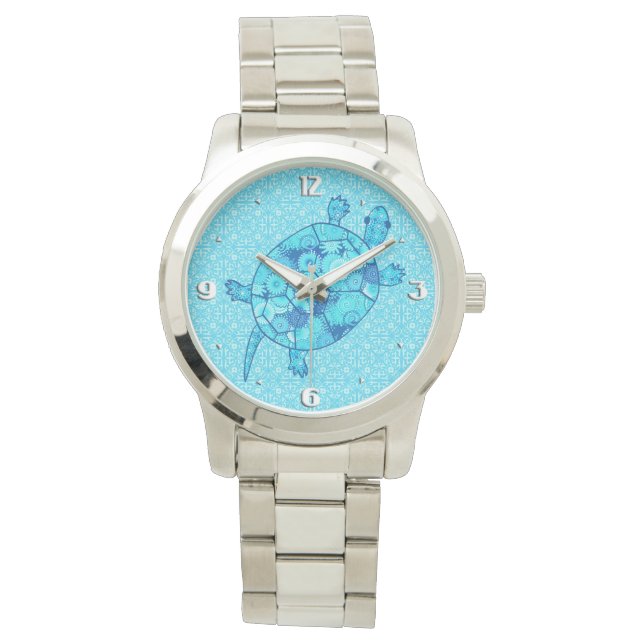 Montre Tortue tourbée fractale - cobalt et bleu turquoise (devant)