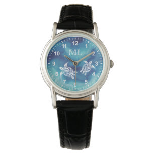 Montre Tortues blanches dans l'océan bleu Monogramme aqua