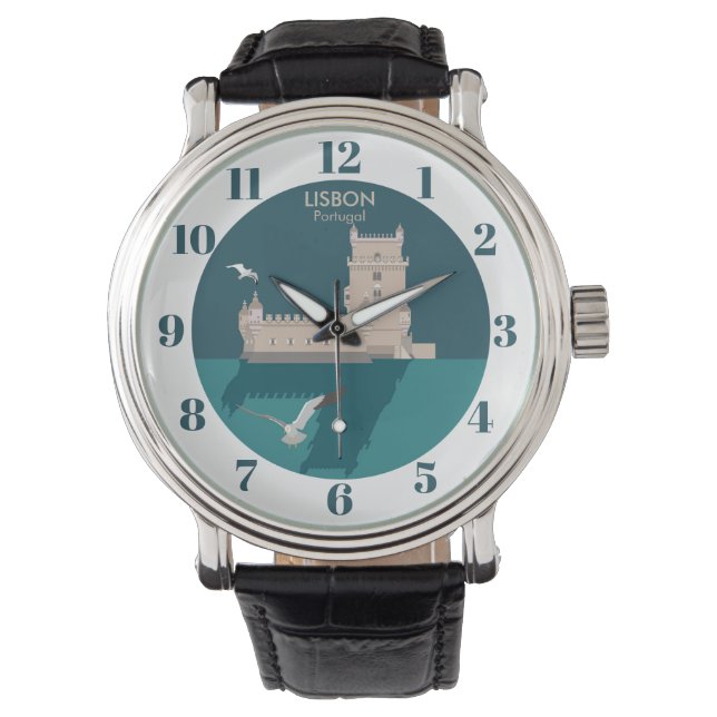 Montre Tour de Belem de Lisbonne dans le style poster vin (devant)