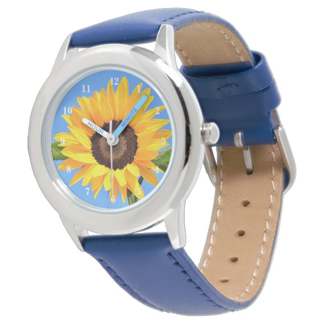 Montre Tournesol jaune contre soleil sur ciel bleu - été (Incliné)