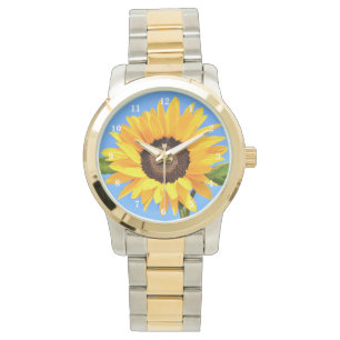 Montre Tournesol jaune contre soleil sur ciel bleu - été