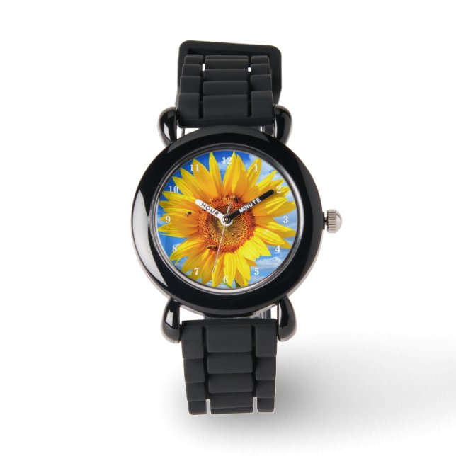 Montre Tournesol jaune et abeilles sur le ciel bleu - été (Recto)