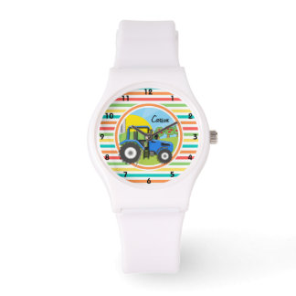 Montre Tracteur bleu ; bandes arc-en-ciel lumineuses