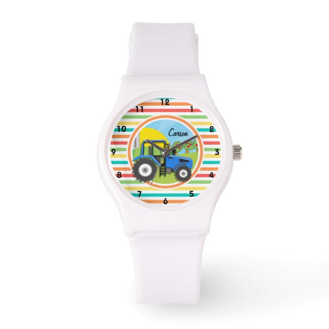 Montre Tracteur bleu ; bandes arc-en-ciel lumineuses (Recto)