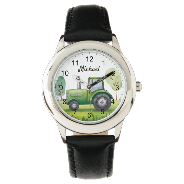 Montre Tracteur vert personnalisé ferme aquarelle enfants (devant)
