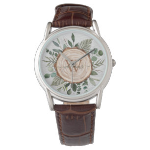 Montre Tranche de bois rustique et feuillage à monogramme