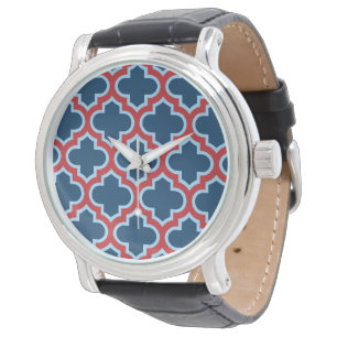 Montre Trellis marocain bleu et rouge, treillis, Quatrefo