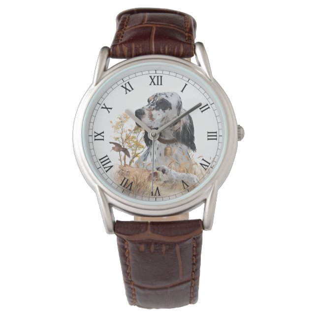 Montre Tri Couleur Anglais Setter Art, chasse en bois (devant)