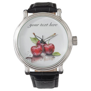 Montre trois cerises juteuses rouges en aquarelle