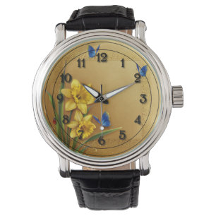 Montre Trois papillons et jonquilles