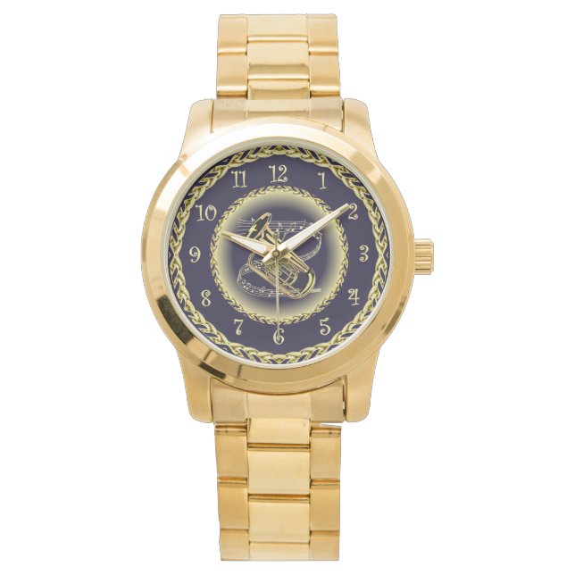 Montre Tuba Musical Scroll ~ Gold et Navy Blue ~ Watch (devant)