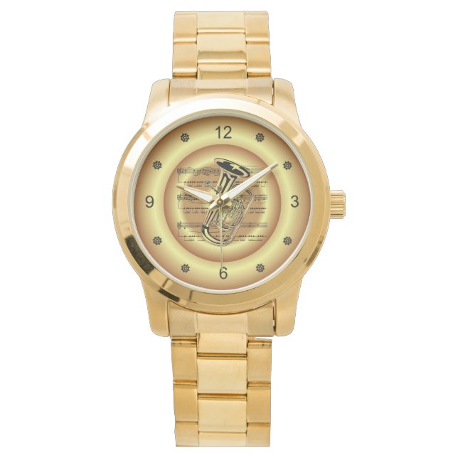 Montre ~ Tuba ~ Sheet Music ~ Gold Arrière - plan ~ Watch (devant)