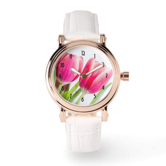 Montre Tulipes roses avec Feuille vert photo (Recto)